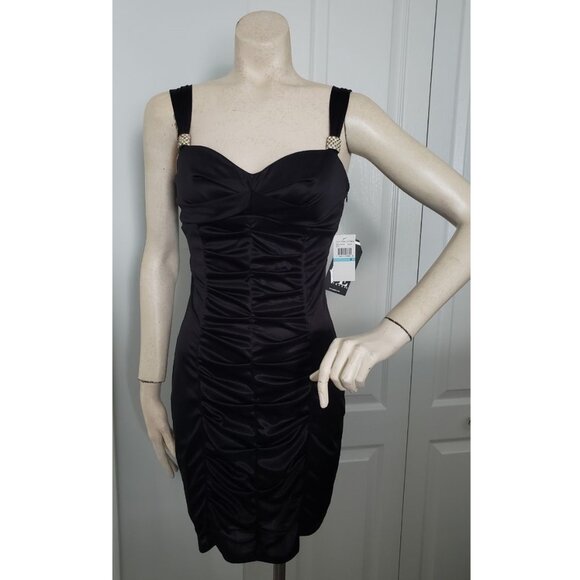 BNWT Love Tease Black Satin Short Dress Semi Formal Size 5 Ruched front and back - Picture 2 of 12